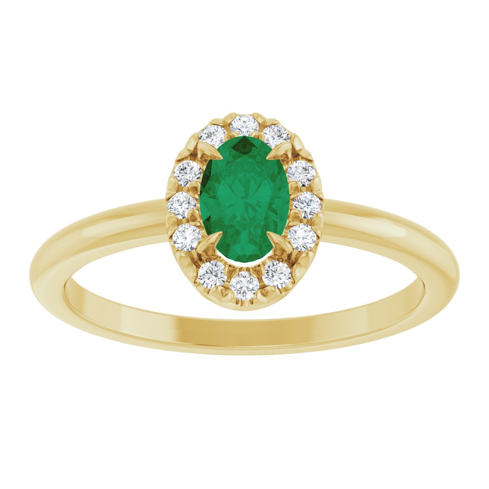 14K Yellow Lab-Grown Emerald & 1/10 CTW Natural Diamond French-Set Halo-Style Ring