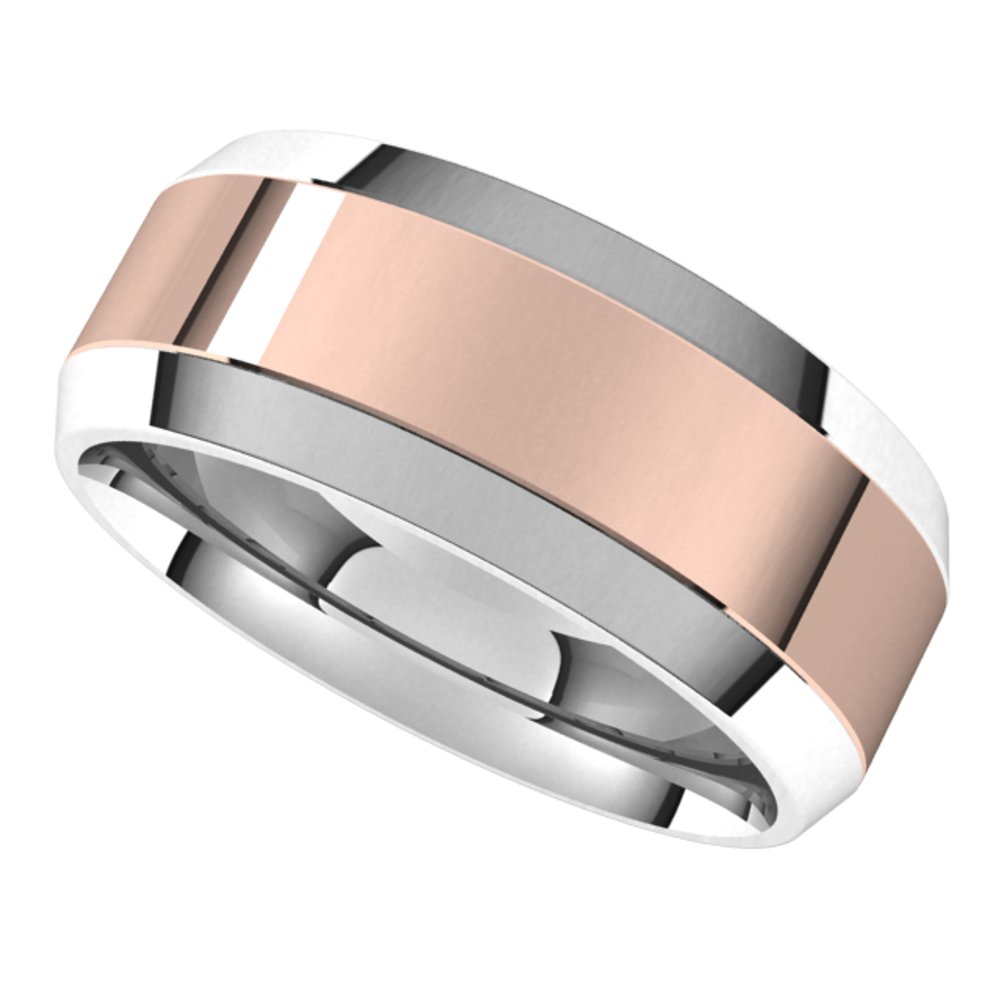 14K White/Rose 8 mm Stepped Beveled-Edge Inlay Comfort-Fit Flat Band Size 10.5