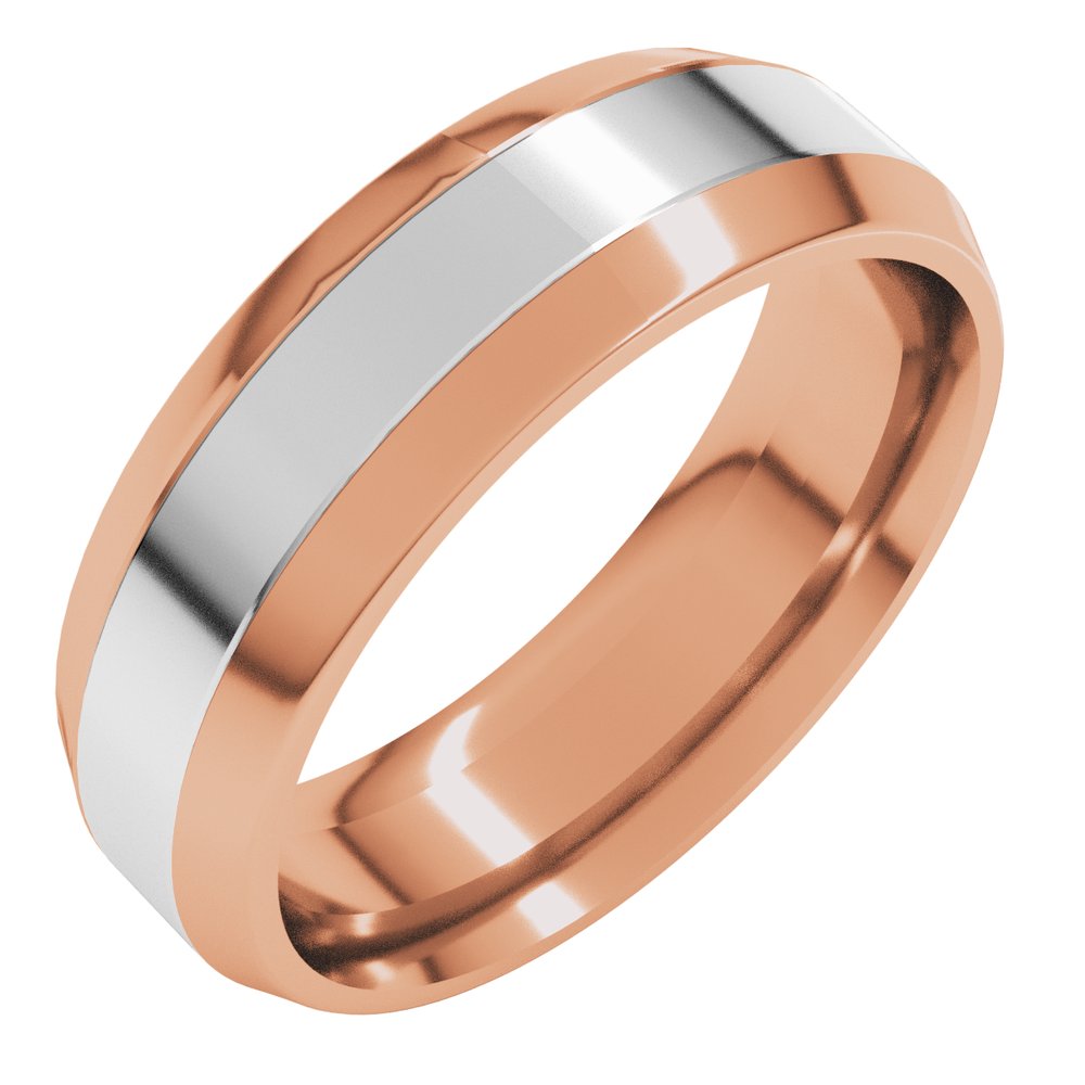 14K Rose/White 6 mm Stepped Beveled-Edge Inlay Comfort-Fit Flat Band Size 8