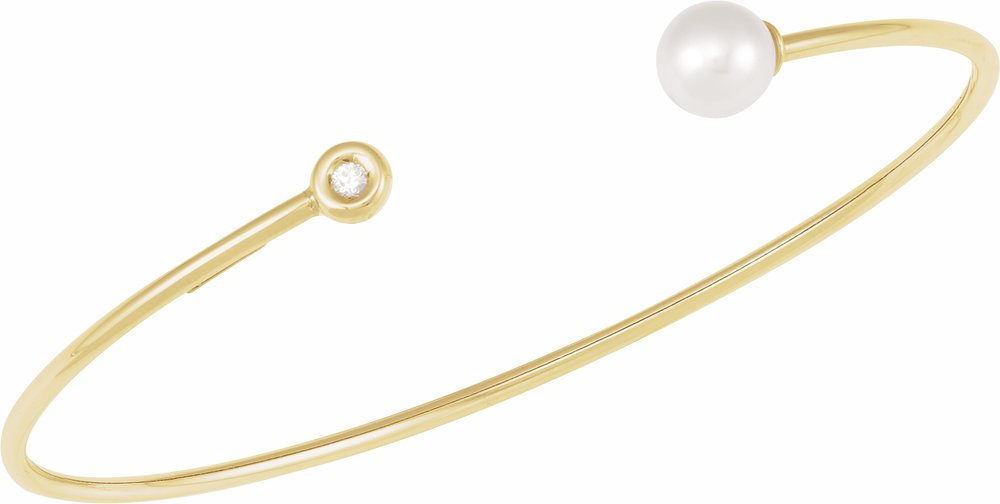 14K Yellow Gold Cultured White Freshwater Pearl & .03 CT Natural Diamond Cuff 7" Bracelet