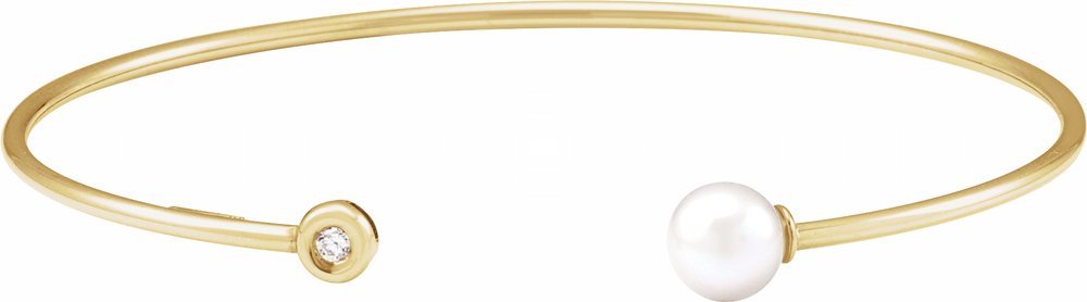 14K Yellow Gold Cultured White Freshwater Pearl & .03 CT Natural Diamond Cuff 7" Bracelet