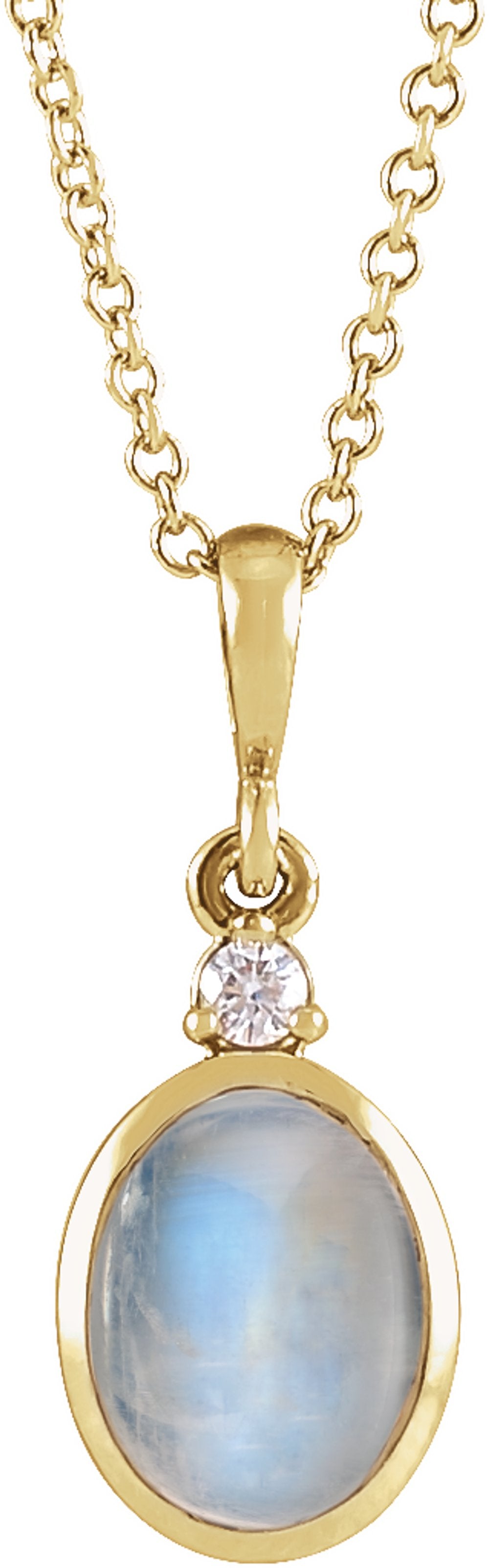 14K Yellow 6 mm Natural Rainbow Moonstone & .03 CT Natural Diamond Cabochon 16-18" Necklace