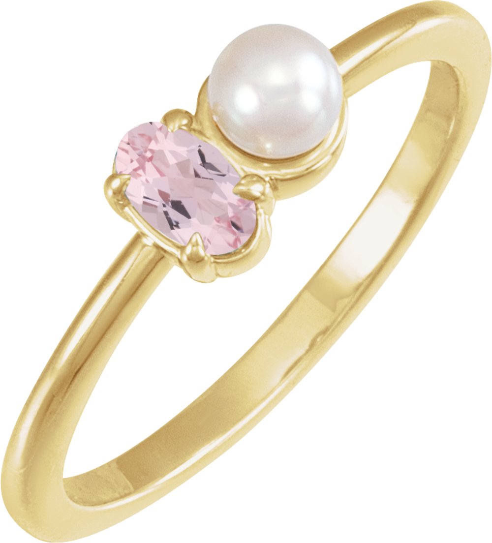 14K Yellow Gold Natural Morganite & Cultured White Akoya Pearl Ring