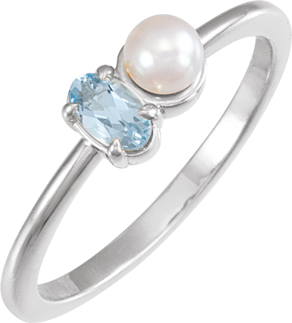 Platinum Natural Aquamarine & Cultured White Akoya Pearl Ring