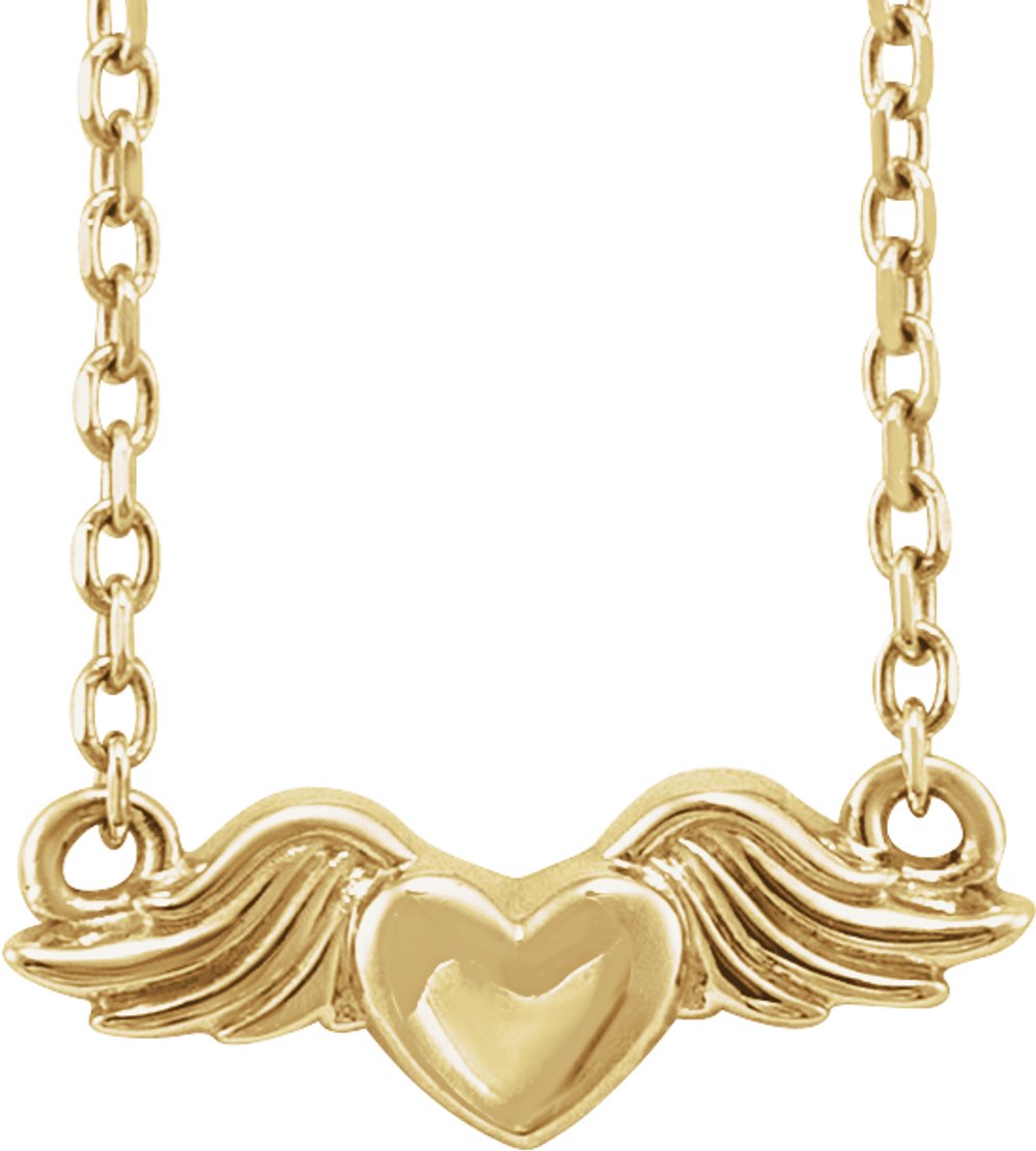 14K Yellow Gold Heart with Angel Wings 18" Necklace