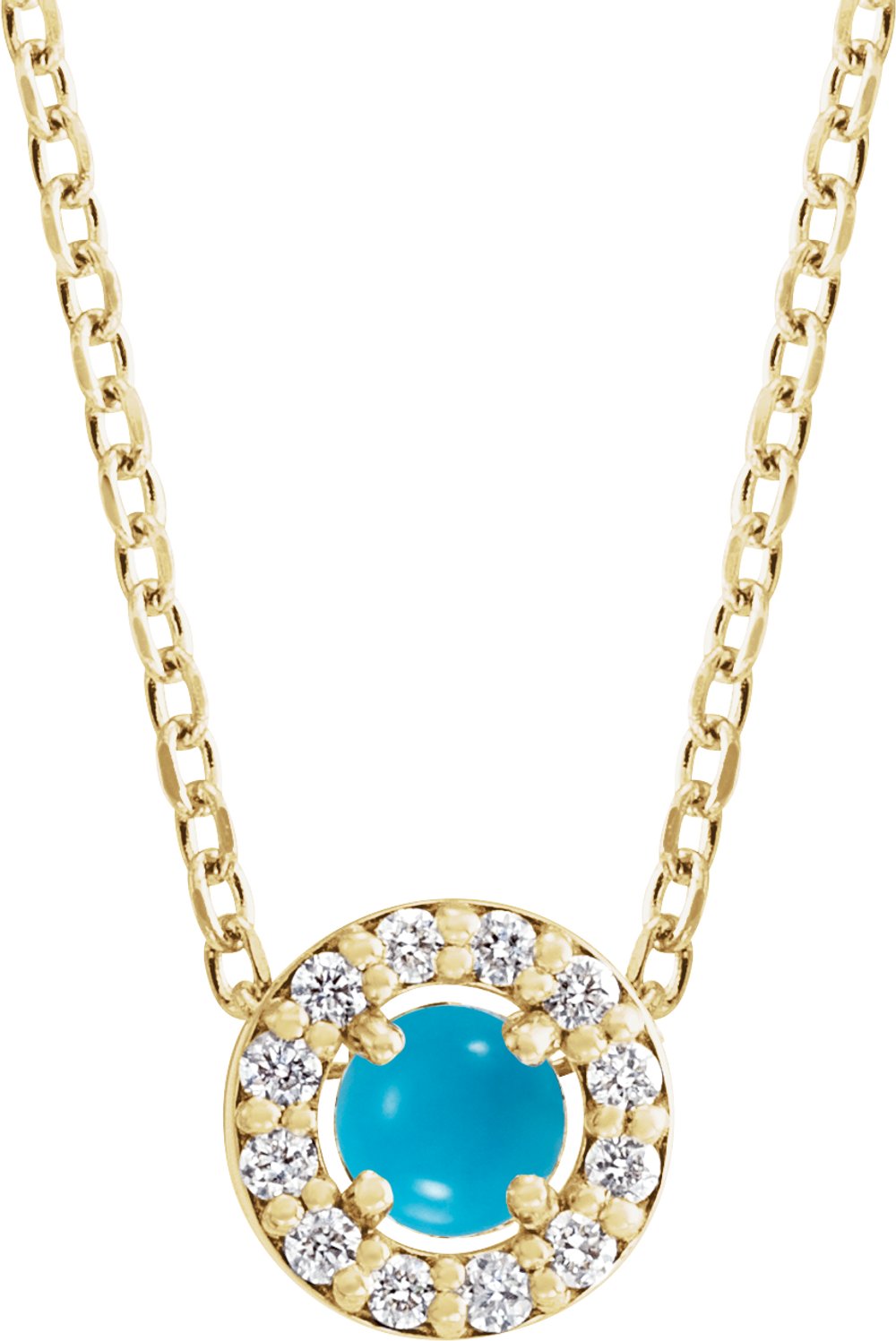 14K Yellow Gold Cabochon Natural Turquoise & .05 CTW Natural Diamond Halo-Style 16-18" Necklace