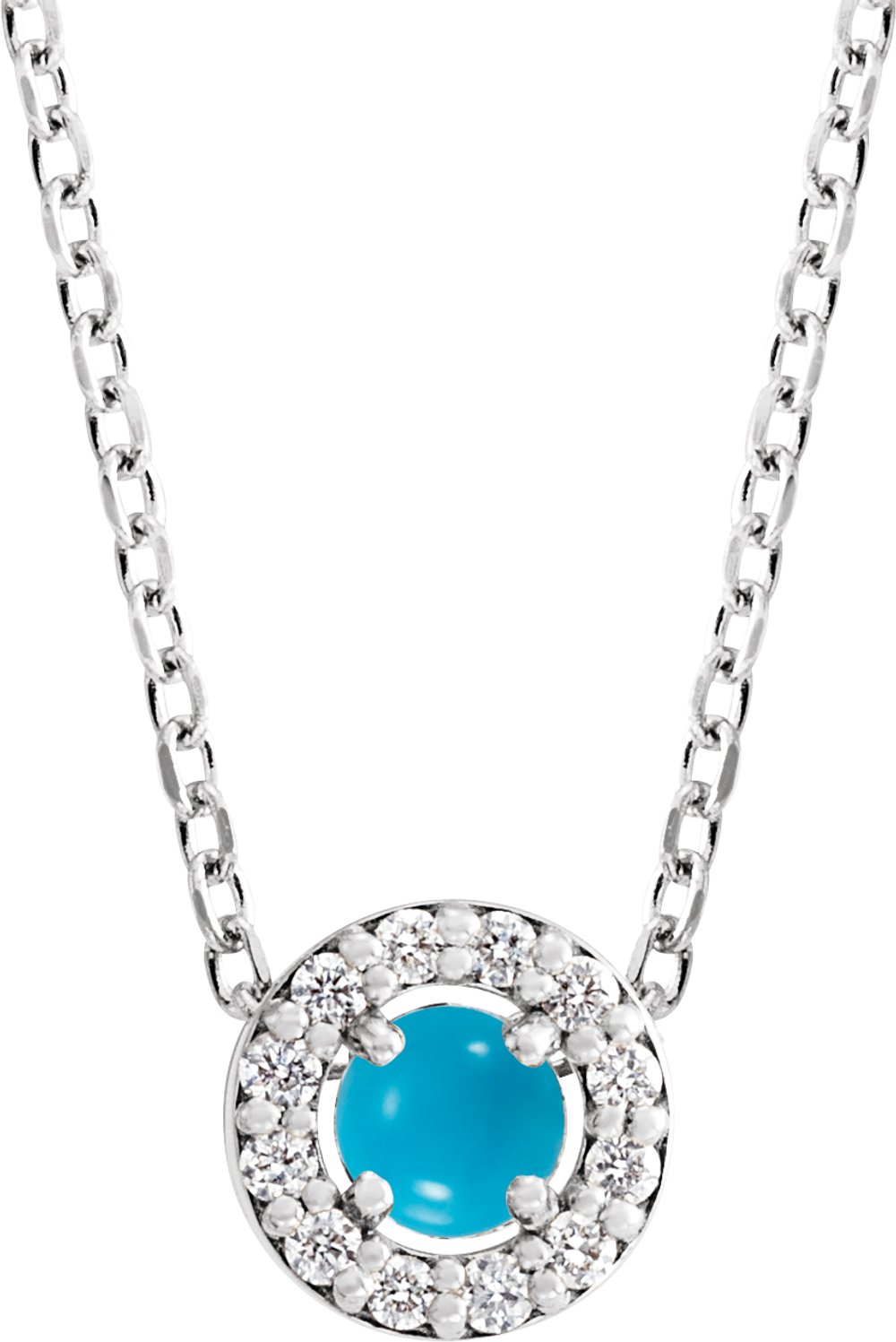 14K White Cabochon Natural Turquoise & .06 CTW Natural Diamond Halo-Style 16-18" Necklace