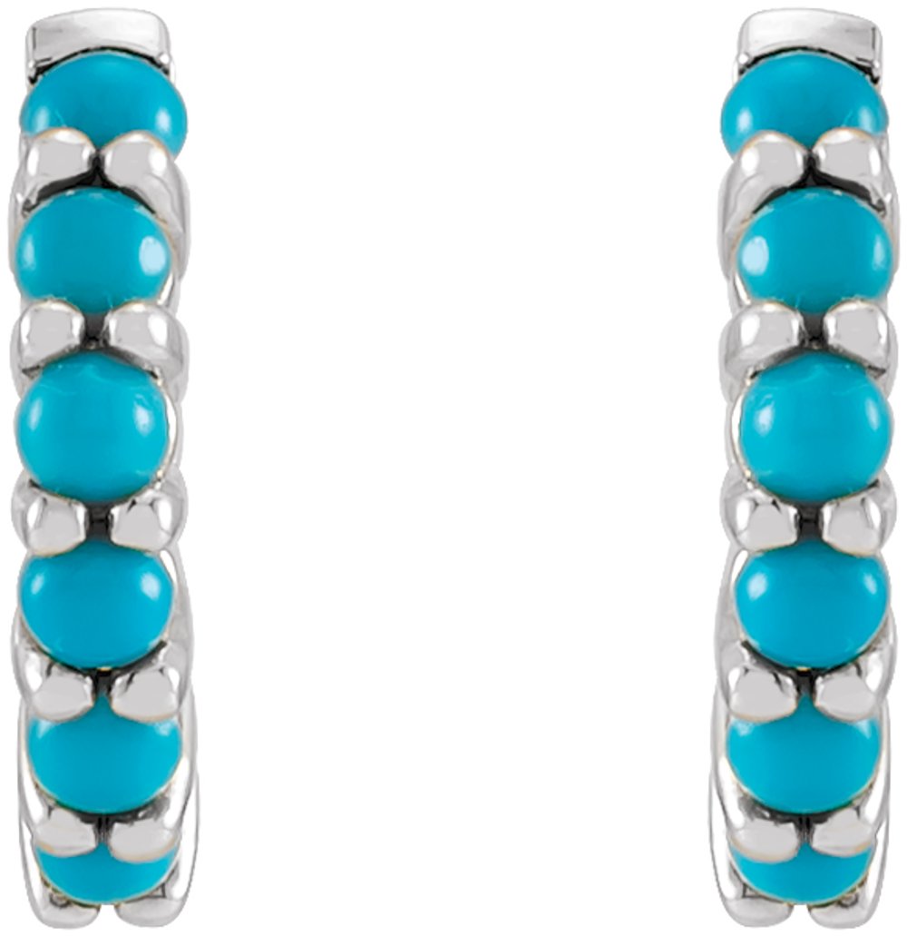 14K White Gold Natural Turquoise Cabochon Hinged 12.2 mm Hoop Earrings
