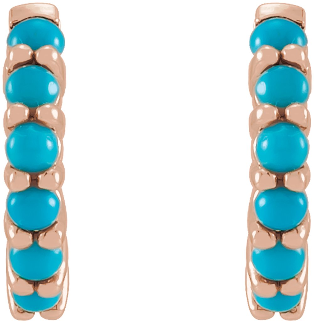 14K Rose Gold Natural Turquoise Cabochon Hinged 12.2 mm Hoop Earrings