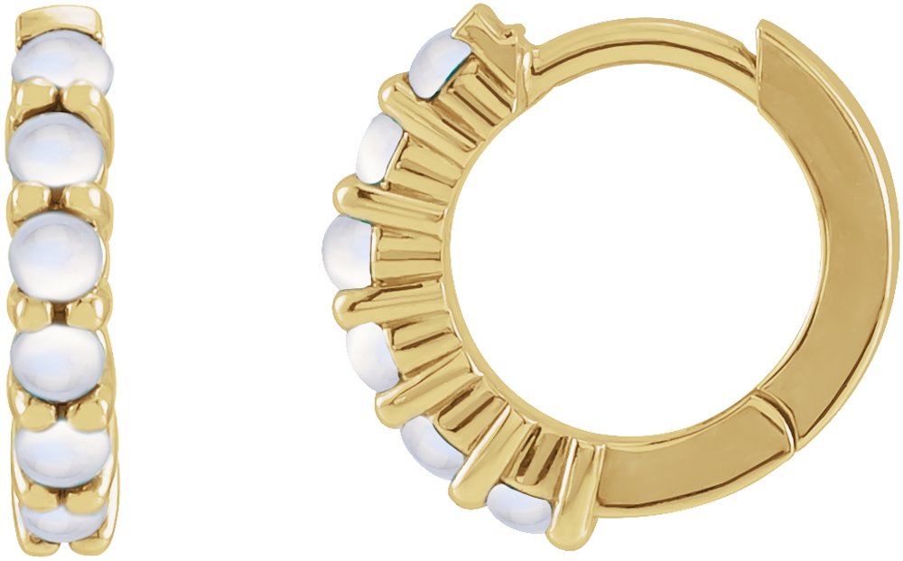 14K Yellow Gold Natural Rainbow Moonstone Cabochon Hinged 12.2 mm Hoop Earrings