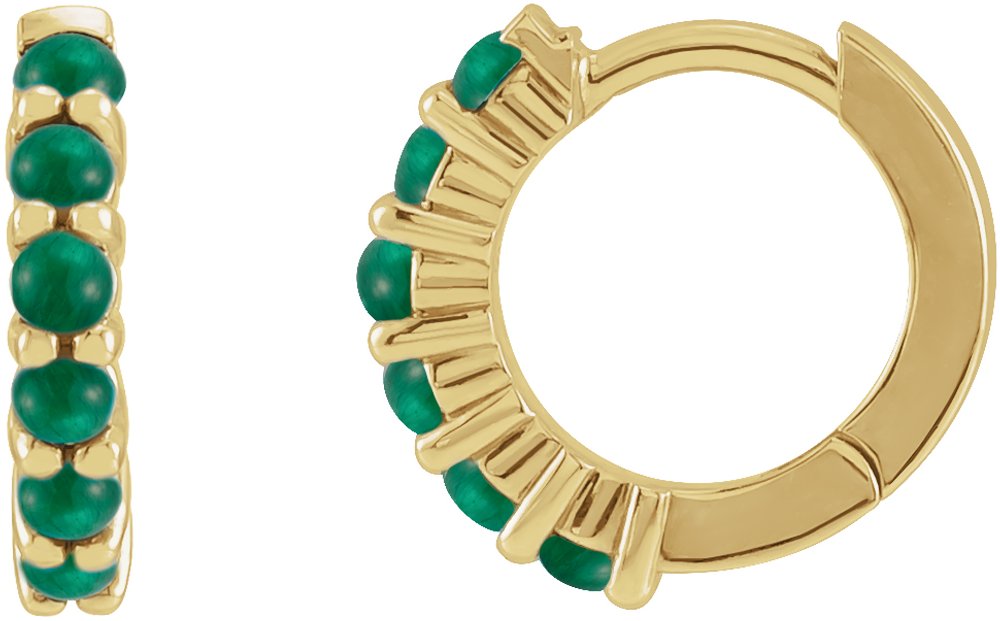 14K Yellow Gold Natural Emerald Cabochon Hinged 12.2 mm Hoop Earrings