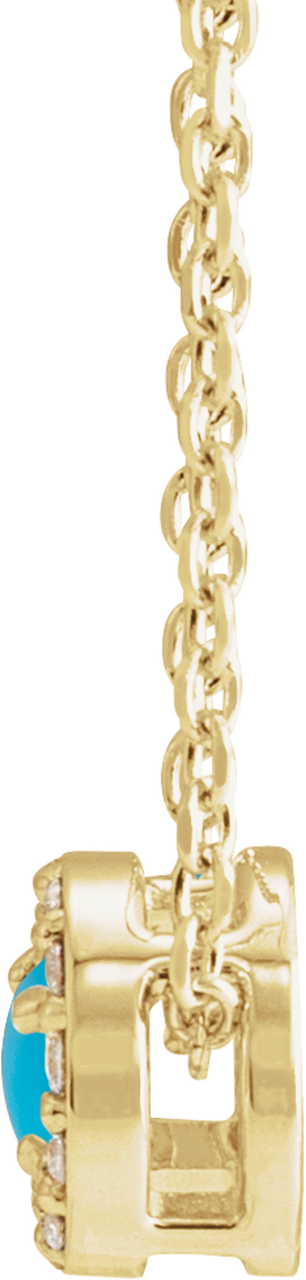 14K Yellow Gold Cabochon Natural Turquoise & .05 CTW Natural Diamond Halo-Style 16-18" Necklace