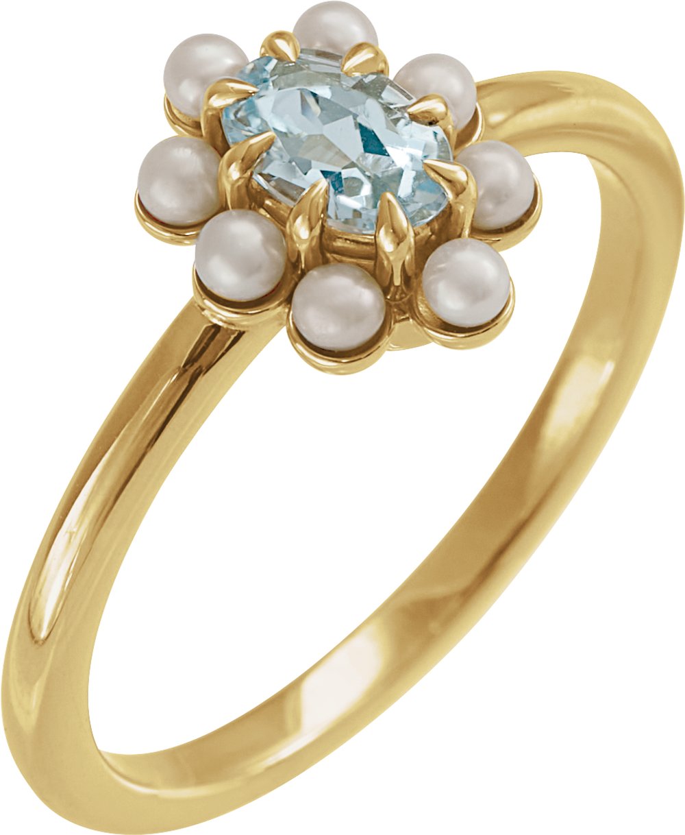 14K Yellow Gold Natural Sky Blue Topaz & Cultured White Seed Pearl Halo-Style Ring
