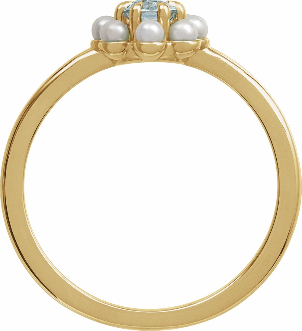 14K Yellow Gold Natural Sky Blue Topaz & Cultured White Seed Pearl Halo-Style Ring