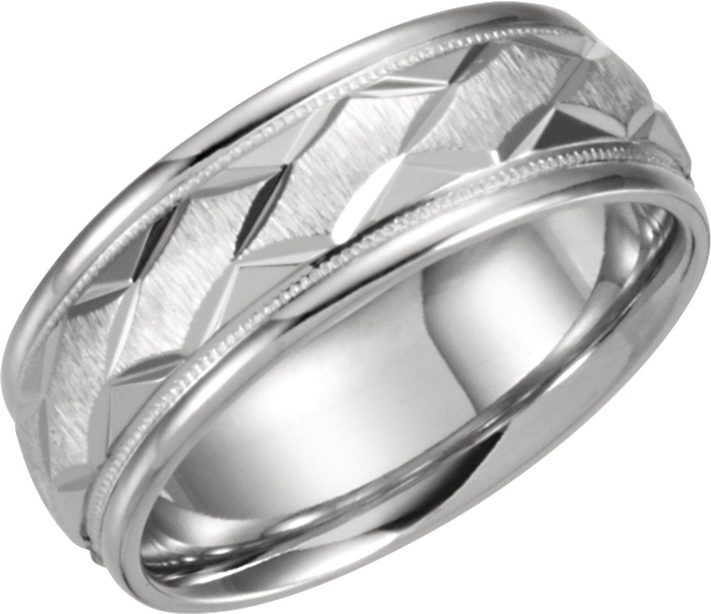 14K White Gold 7 mm Milgrain Edge Geometric Faceted Comfort-Fit Half Round Band Size 7.5
