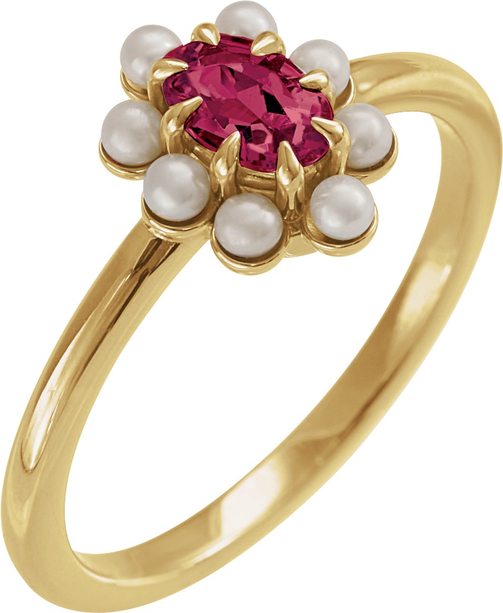 14K Yellow Gold Natural Rhodolite Garnet & Cultured White Seed Pearl Halo-Style Ring