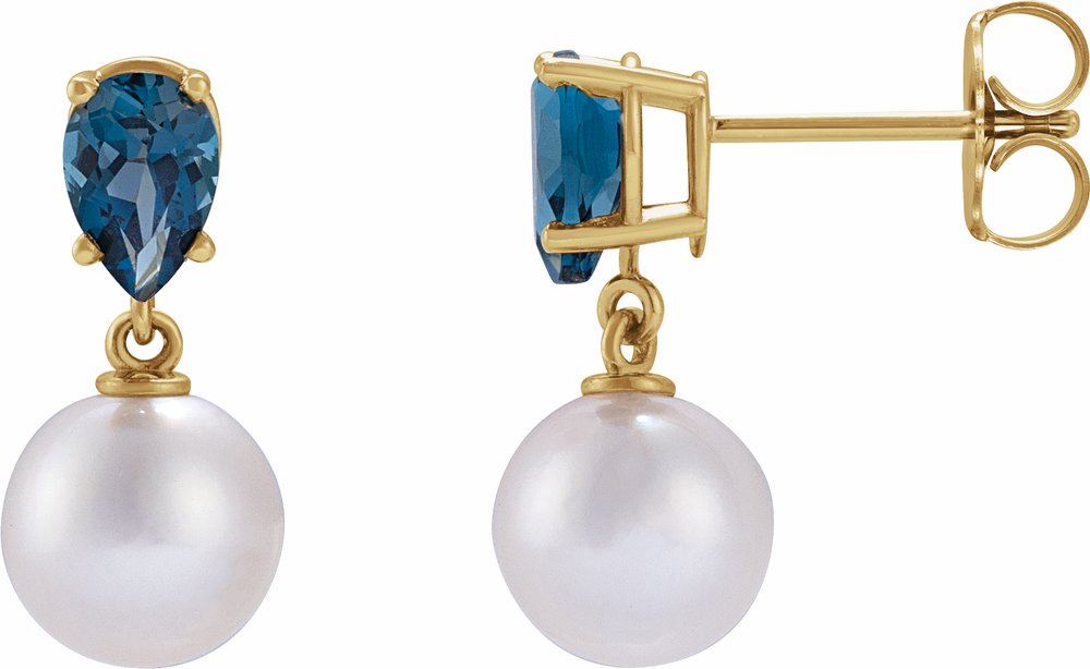 14K Yellow Gold Cultured White Akoya Pearl & Natural London Blue Topaz Earrings