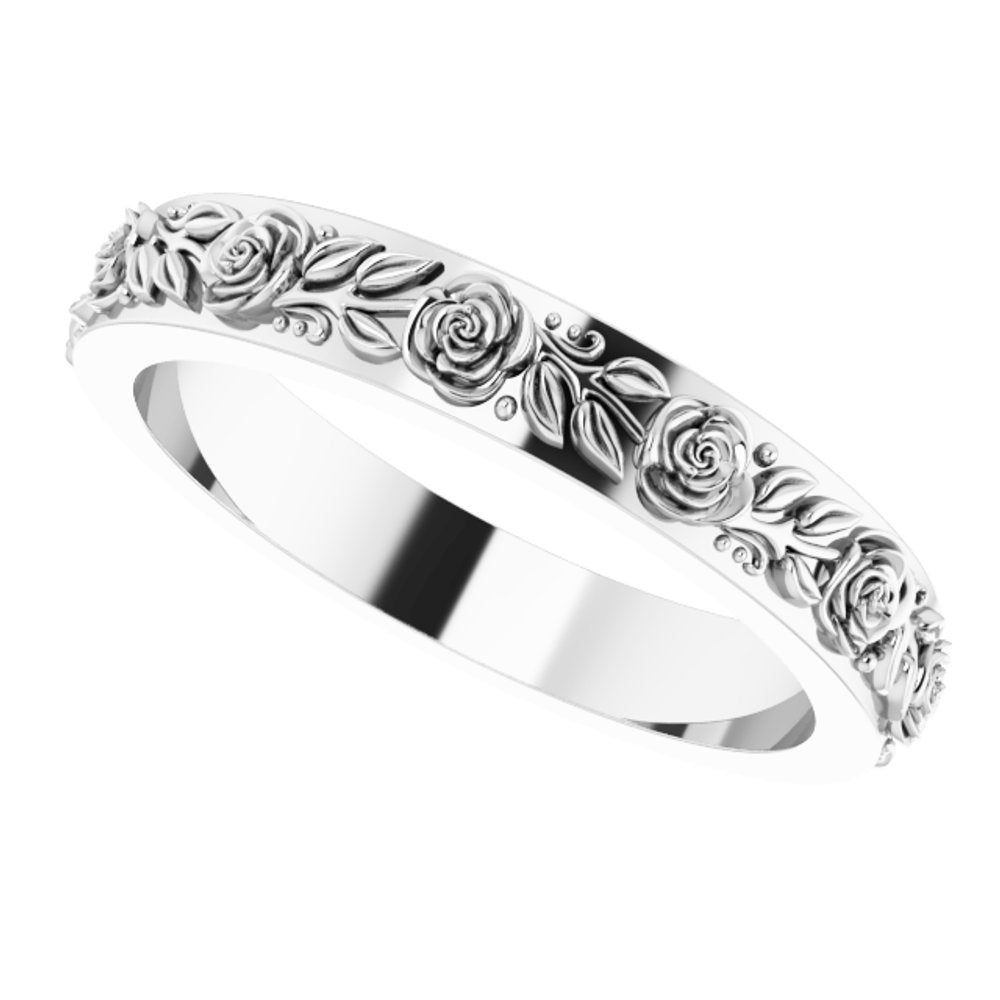 Sterling Silver 3.4 mm Floral Flat Band Size 6.5