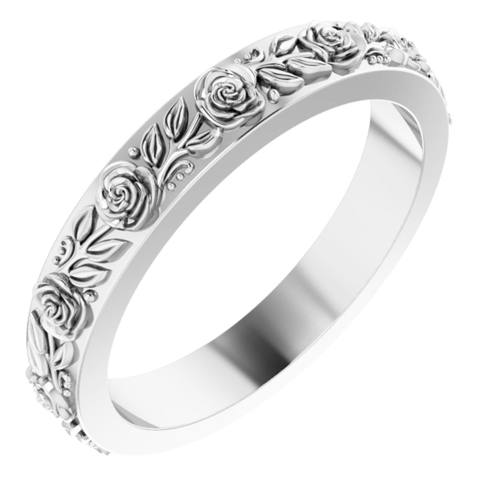 Sterling Silver 3.4 mm Floral Flat Band Size 6.5
