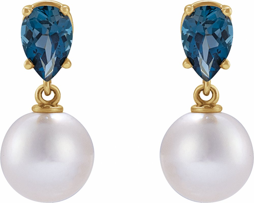 14K Yellow Gold Cultured White Akoya Pearl & Natural London Blue Topaz Earrings