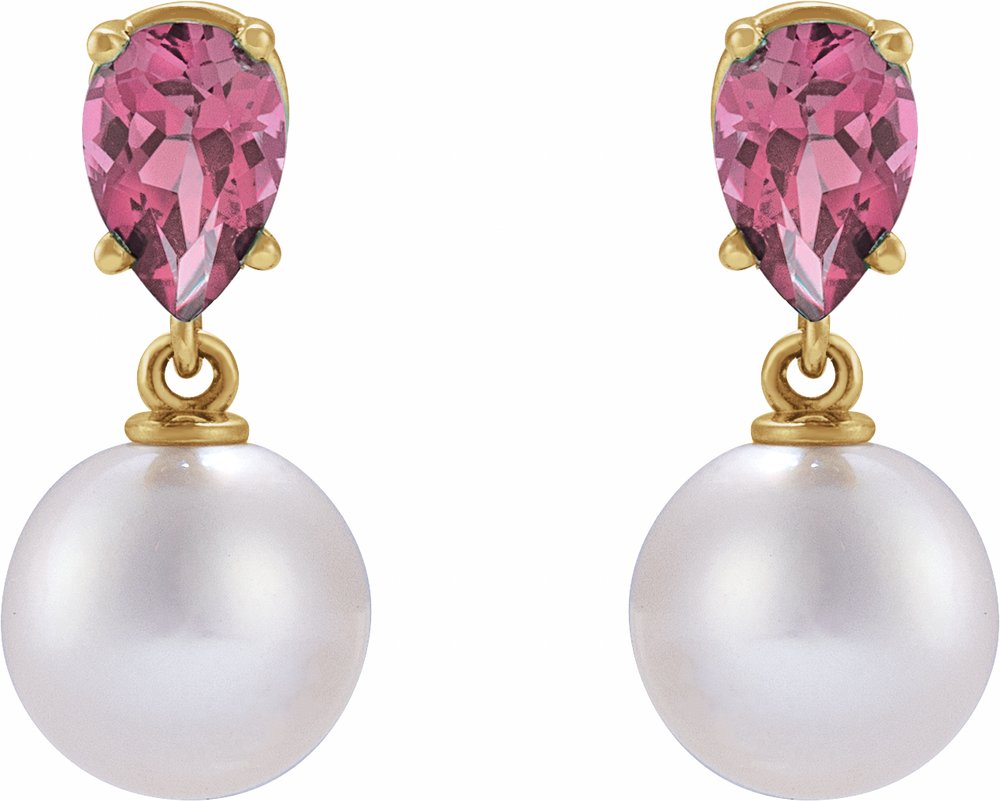 14K Yellow Gold Cultured White Akoya Pearl & Natural Pink Tourmaline Earrings