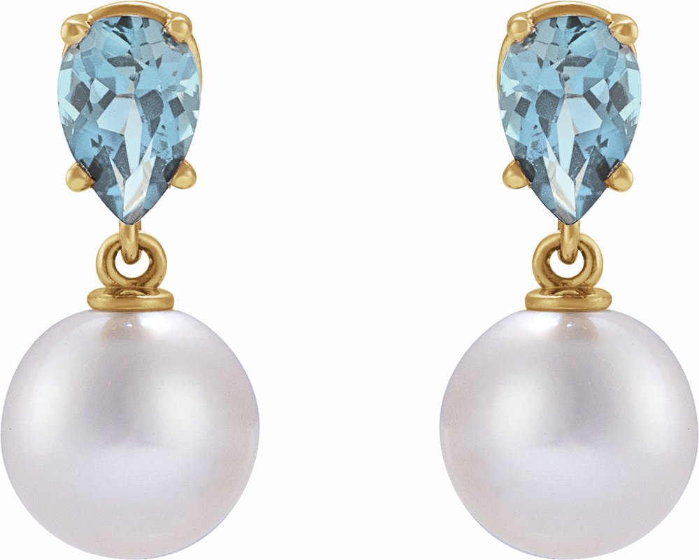 14K Yellow Gold Cultured White Akoya Pearl & Natural Aquamarine Earrings