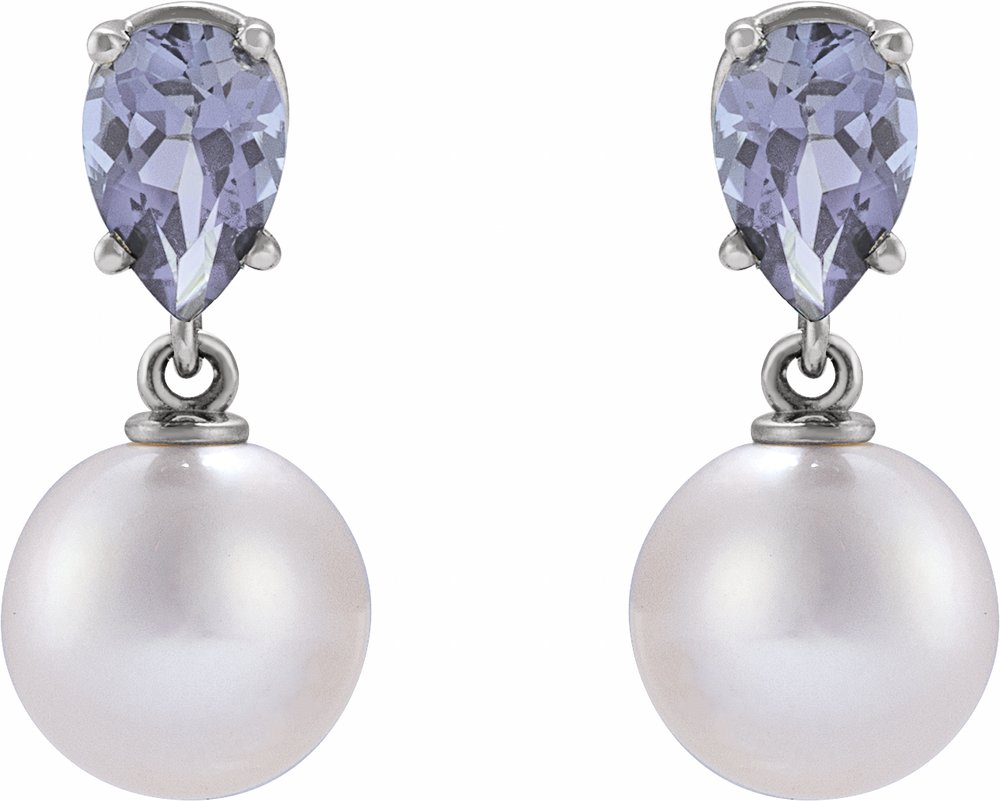 14K White Gold Cultured White Akoya Pearl & Natural Tanzanite Earrings