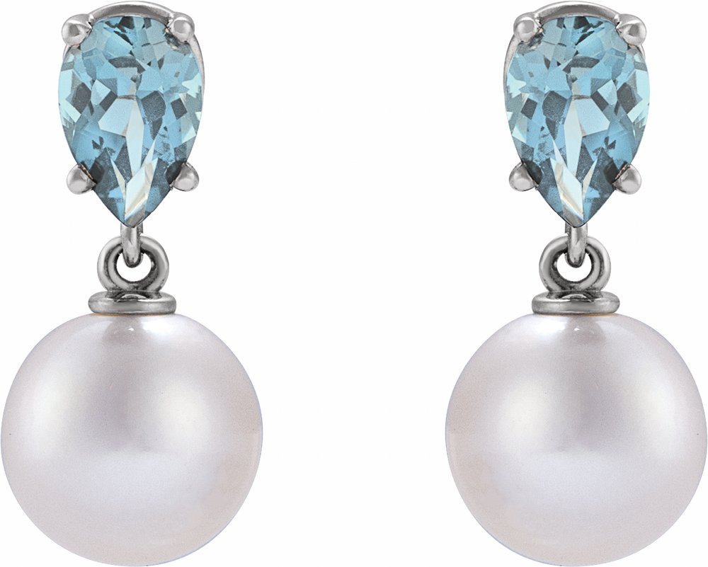 14K White Gold Cultured White Akoya Pearl & Natural Aquamarine Earrings