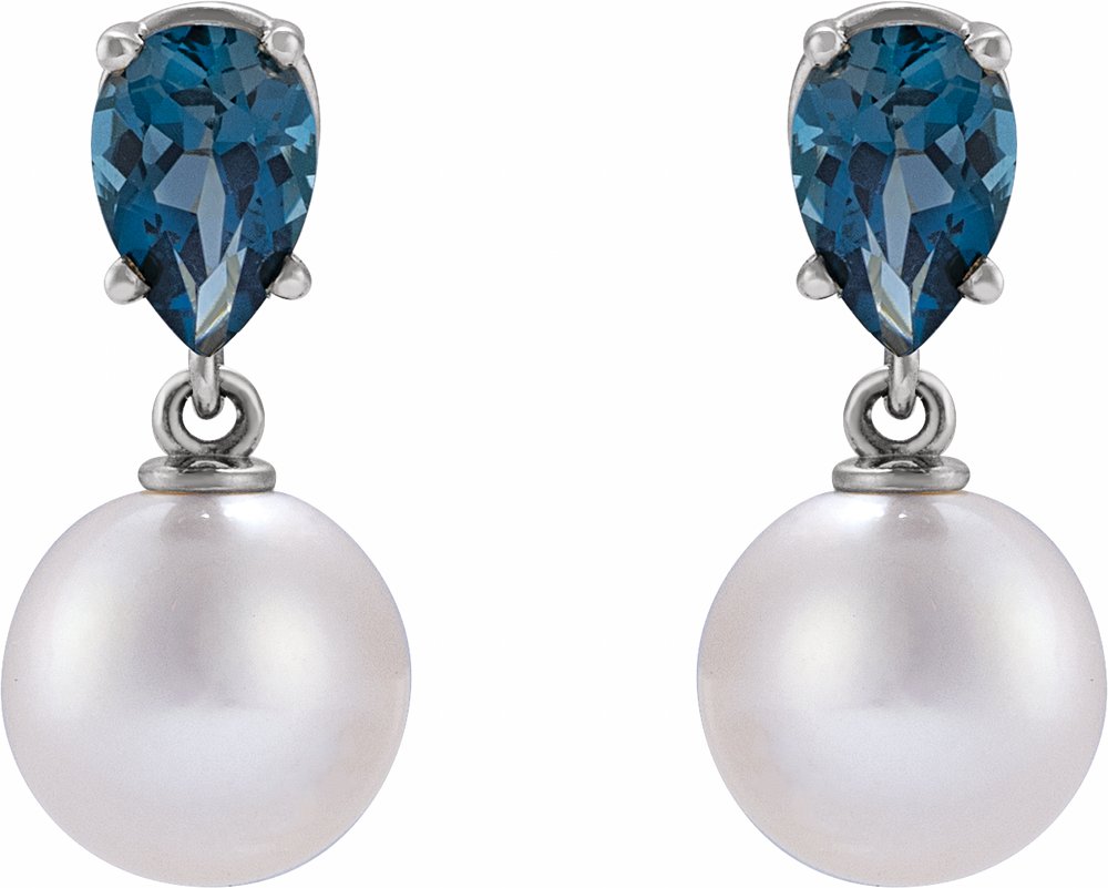 14K White Cultured White Akoya Pearl & Natural London Blue Topaz Earrings
