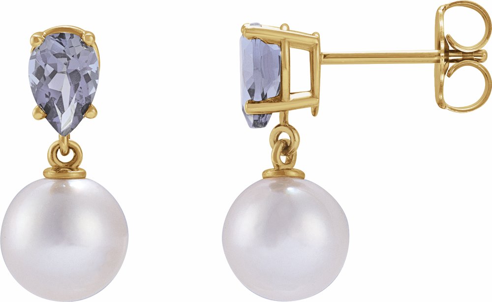 14K Yellow Gold Cultured White Akoya Pearl & Natural Tanzanite Earrings