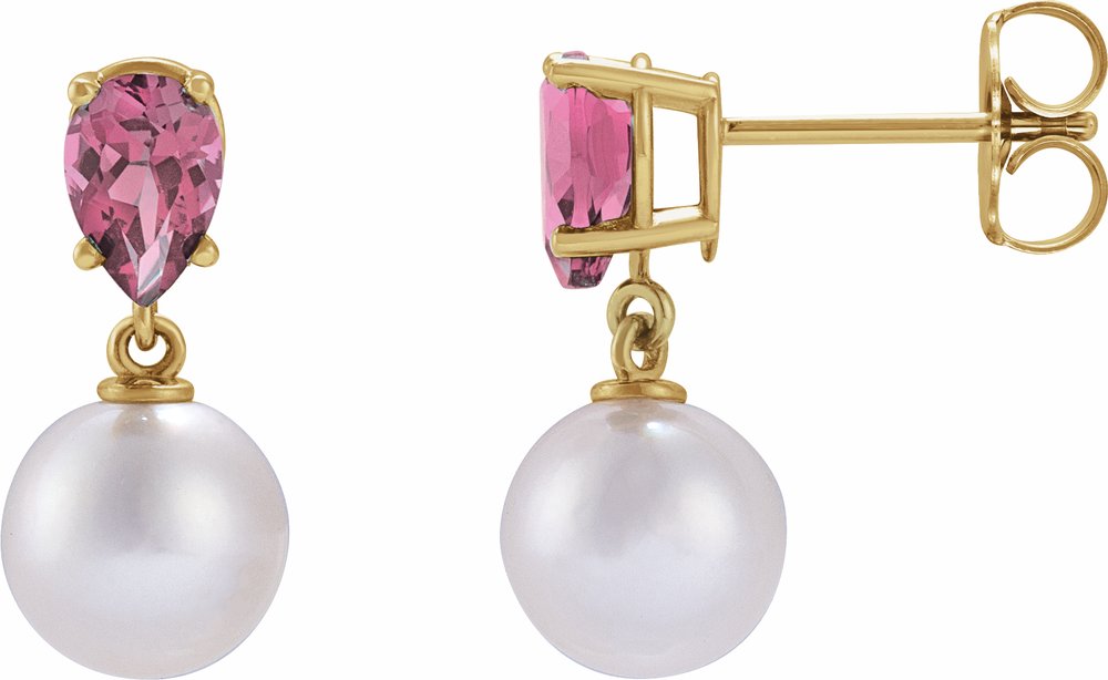 14K Yellow Gold Cultured White Akoya Pearl & Natural Pink Tourmaline Earrings