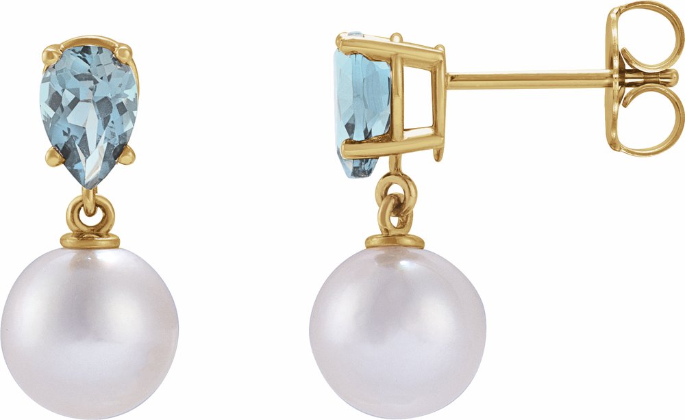 14K Yellow Gold Cultured White Akoya Pearl & Natural Aquamarine Earrings