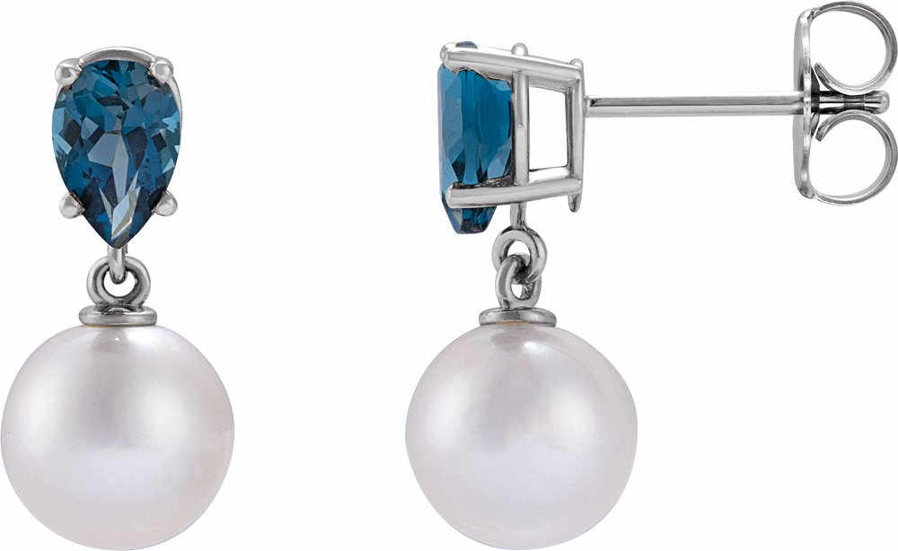 Sterling Silver Cultured White Akoya Pearl & Natural London Blue Topaz Earrings