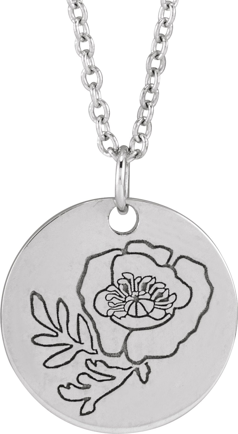 Sterling Silver Poppy August Birth Flower 16-18" Necklace