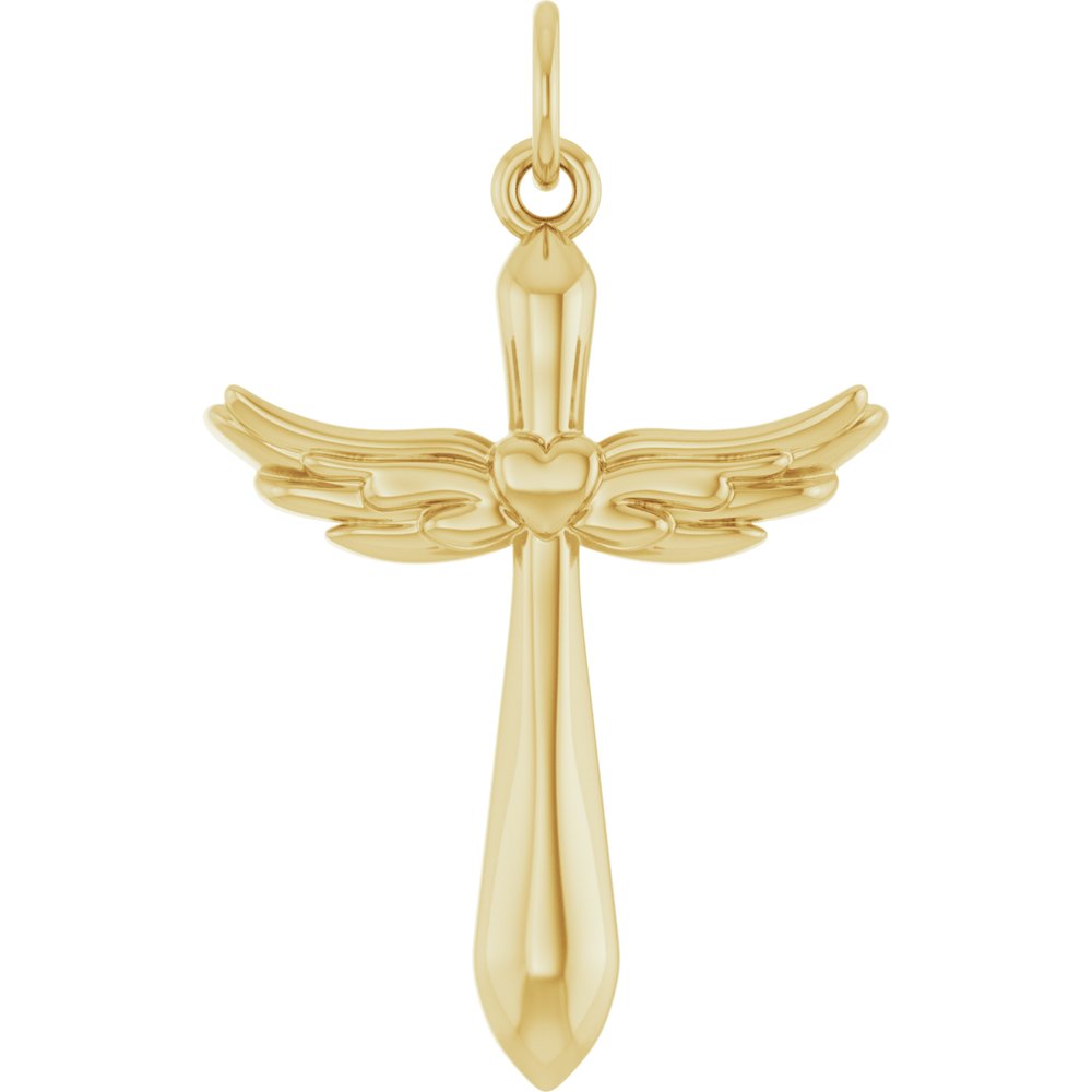 14K Yellow Gold Angel Wings Heart Cross Pendant