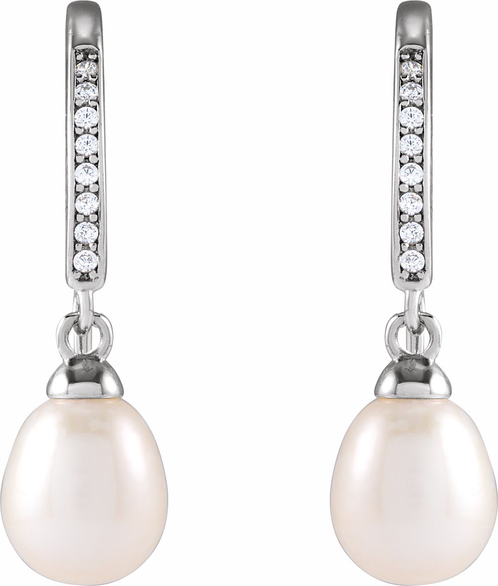 Rhodium-Plated Sterling Silver Cultured White Freshwater Pearl & Imitation Cubic Zirconia Earrings