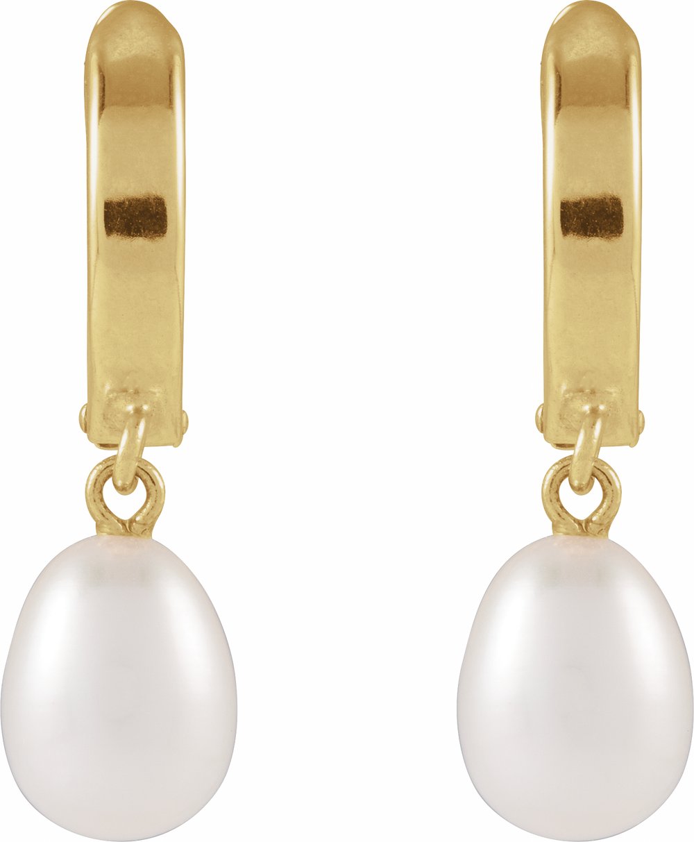 14K Yellow Gold Cultured White Freshwater Pearl Hoop Earrings