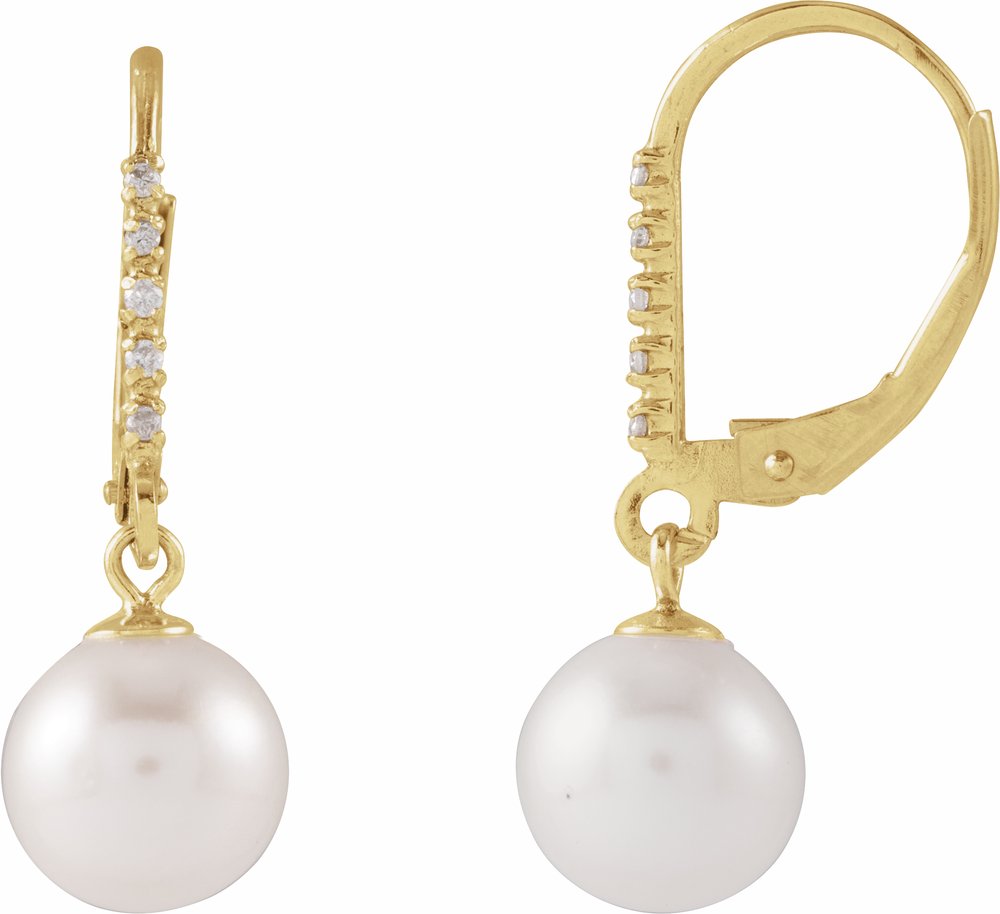 14K Yellow Gold Cultured White Freshwater Pearl & .05 CTW Natural Diamond Lever Back Earrings