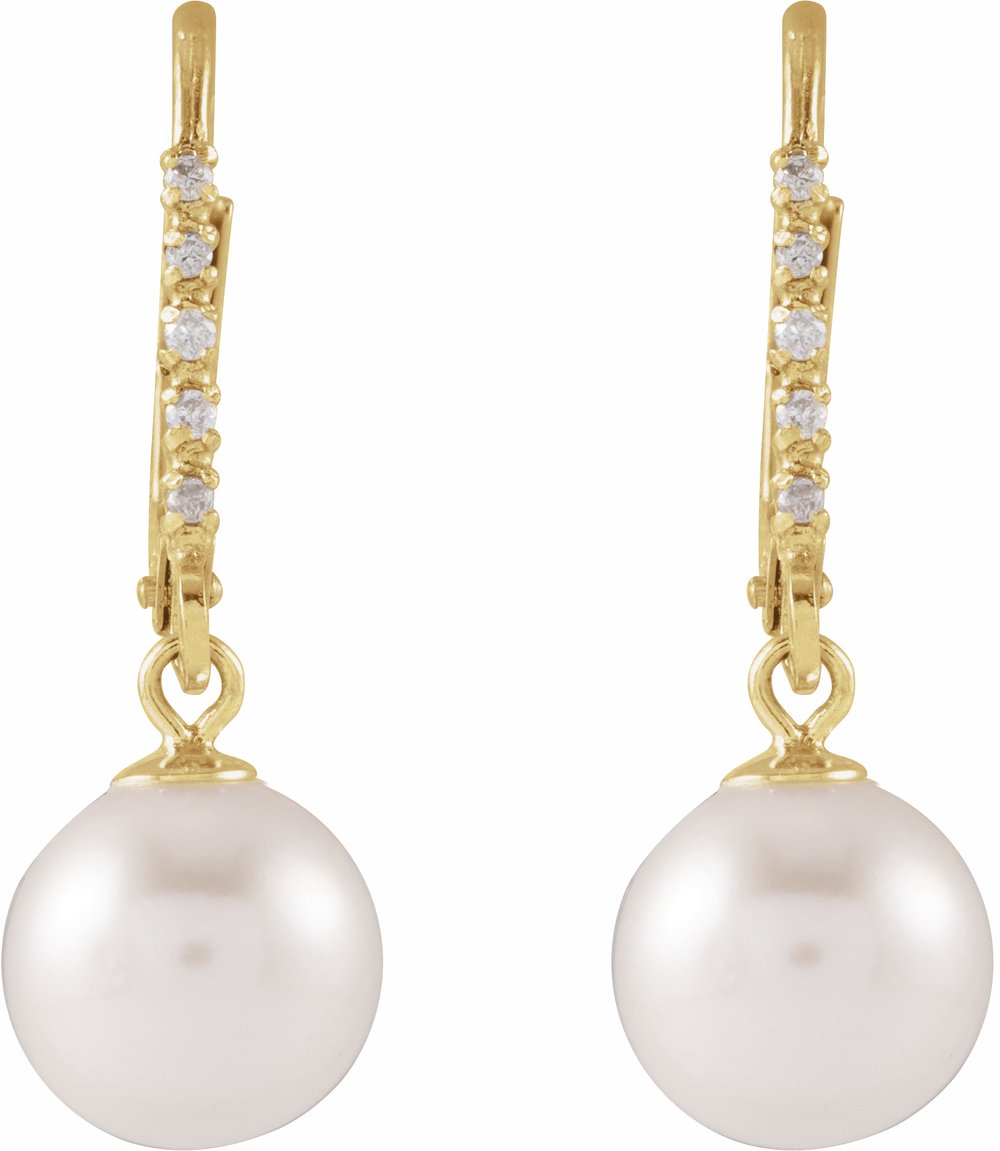 14K Yellow Gold Cultured White Freshwater Pearl & .05 CTW Natural Diamond Lever Back Earrings
