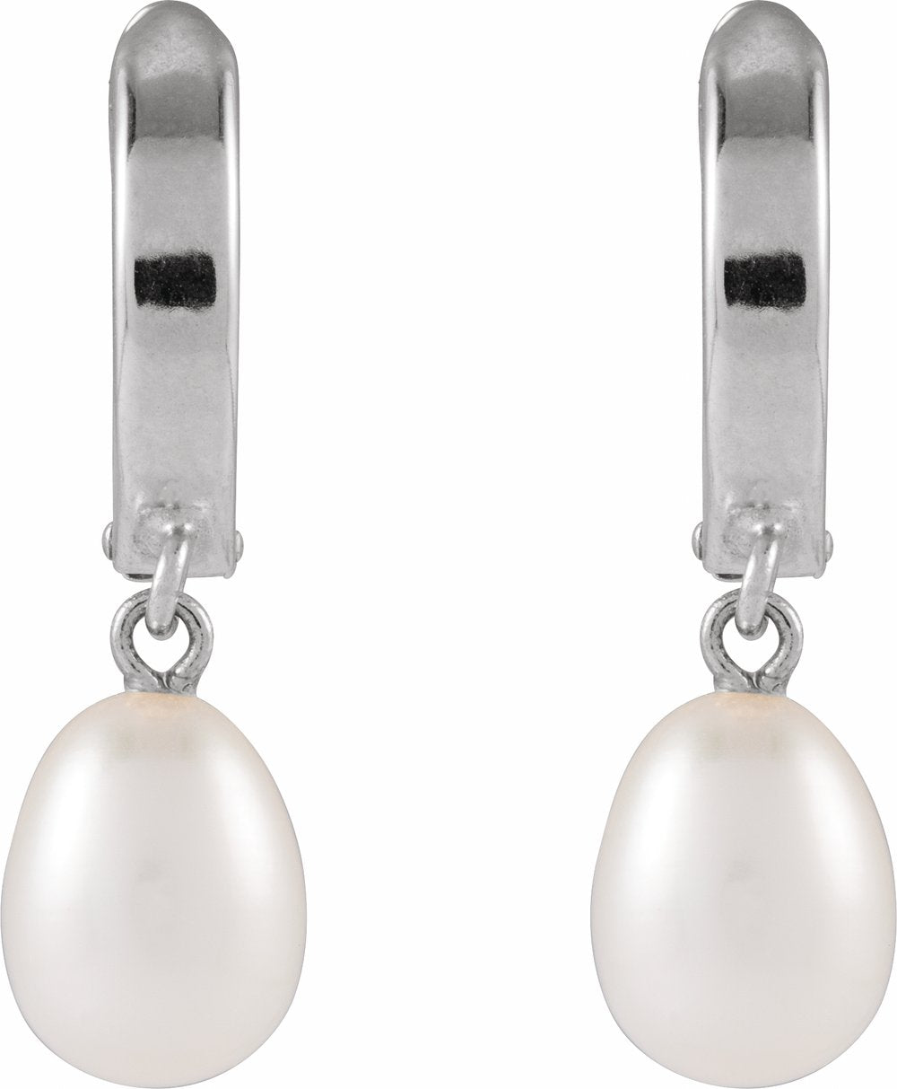 14K White Gold Cultured White Freshwater Pearl Hoop Earrings