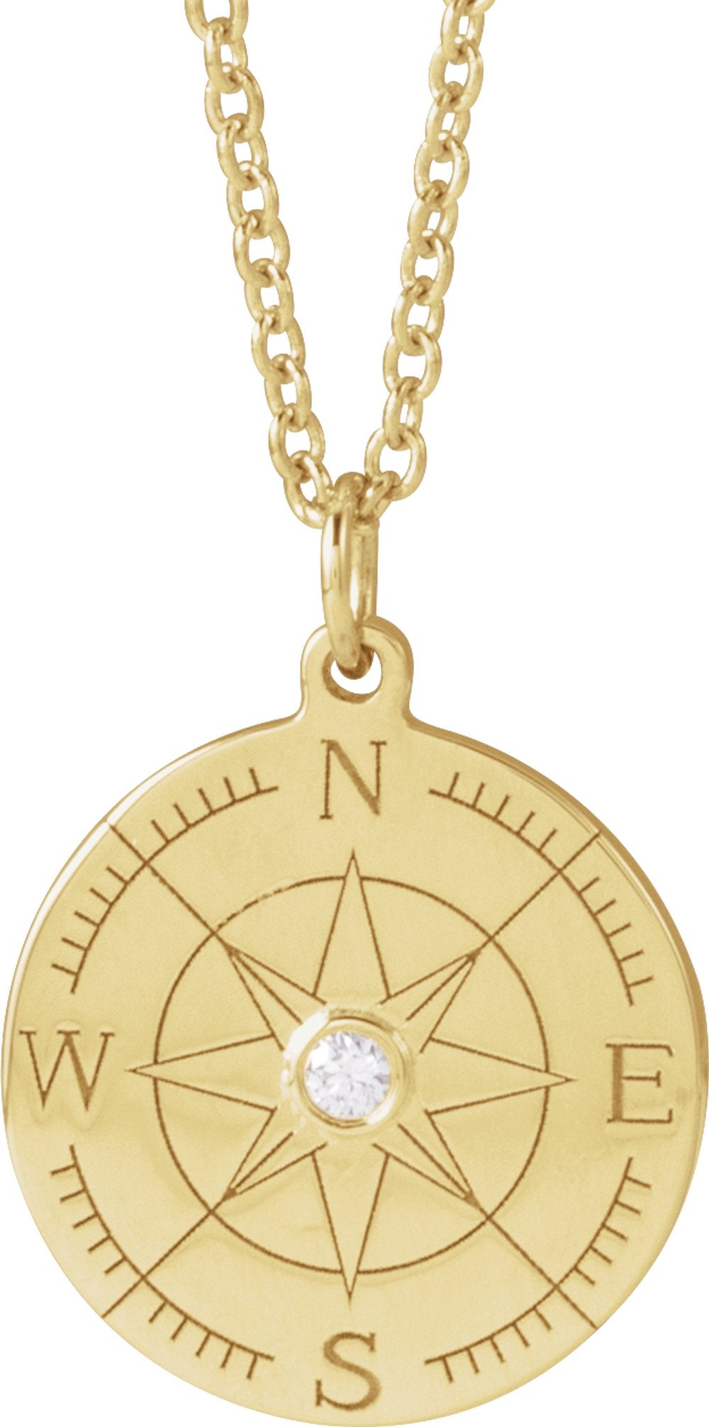 14K Yellow Gold .015 CT Natural Diamond Compass 16-18" Necklace