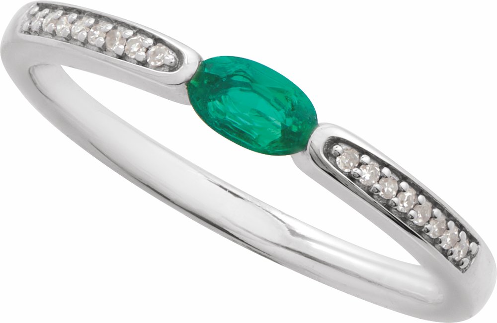 14K White Imitation Emerald & .05 CTW Natural Diamond Ring