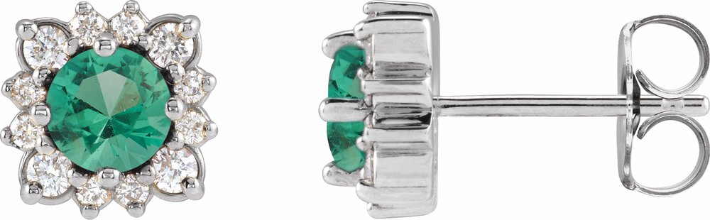 14K White Gold Natural Emerald & .08 CTW Natural Diamond Halo-Style Earrings