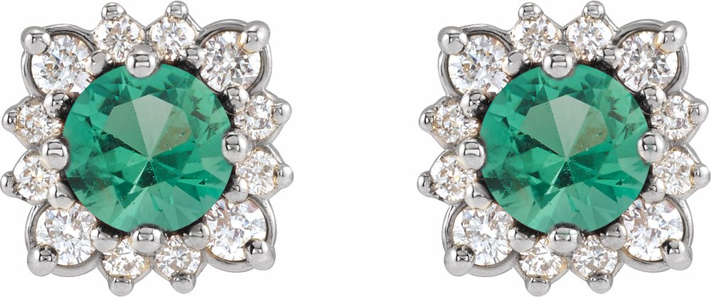 14K White Gold Natural Emerald & .08 CTW Natural Diamond Halo-Style Earrings