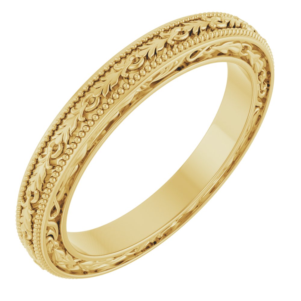 14K Yellow Gold 3 mm Milgrain Floral Flat Band Size 7
