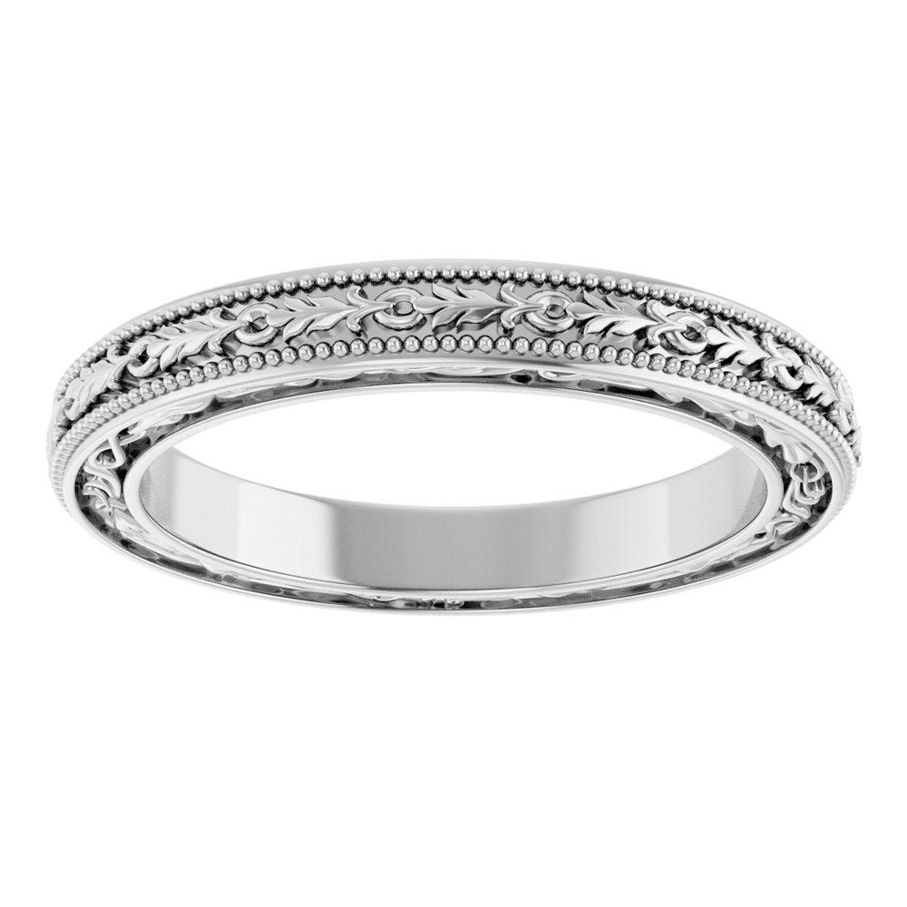 10K White Gold 3 mm Milgrain Floral Flat Band Size 7