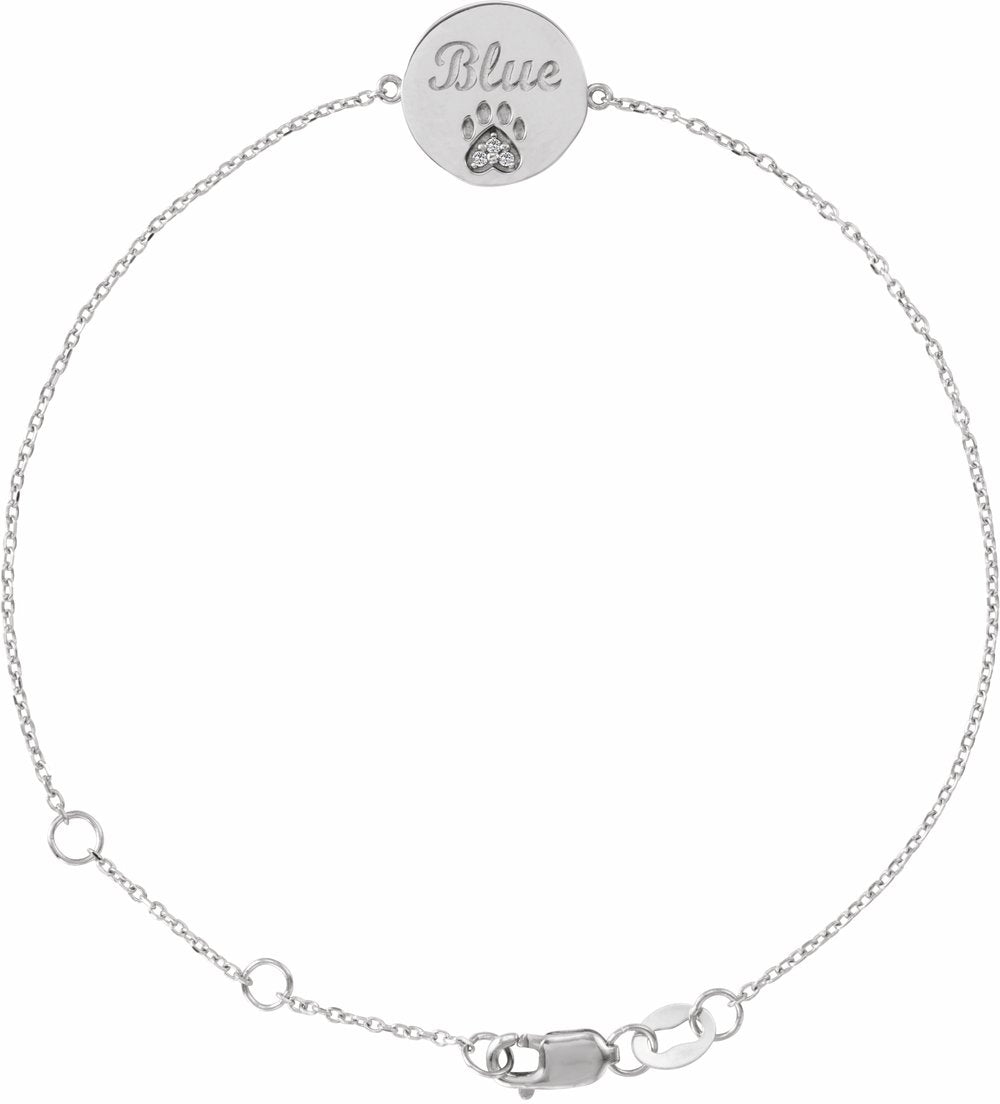 14K White Gold Natural White Sapphire Engravable Paw Print 6 1/2-7 1/2" Bracelet