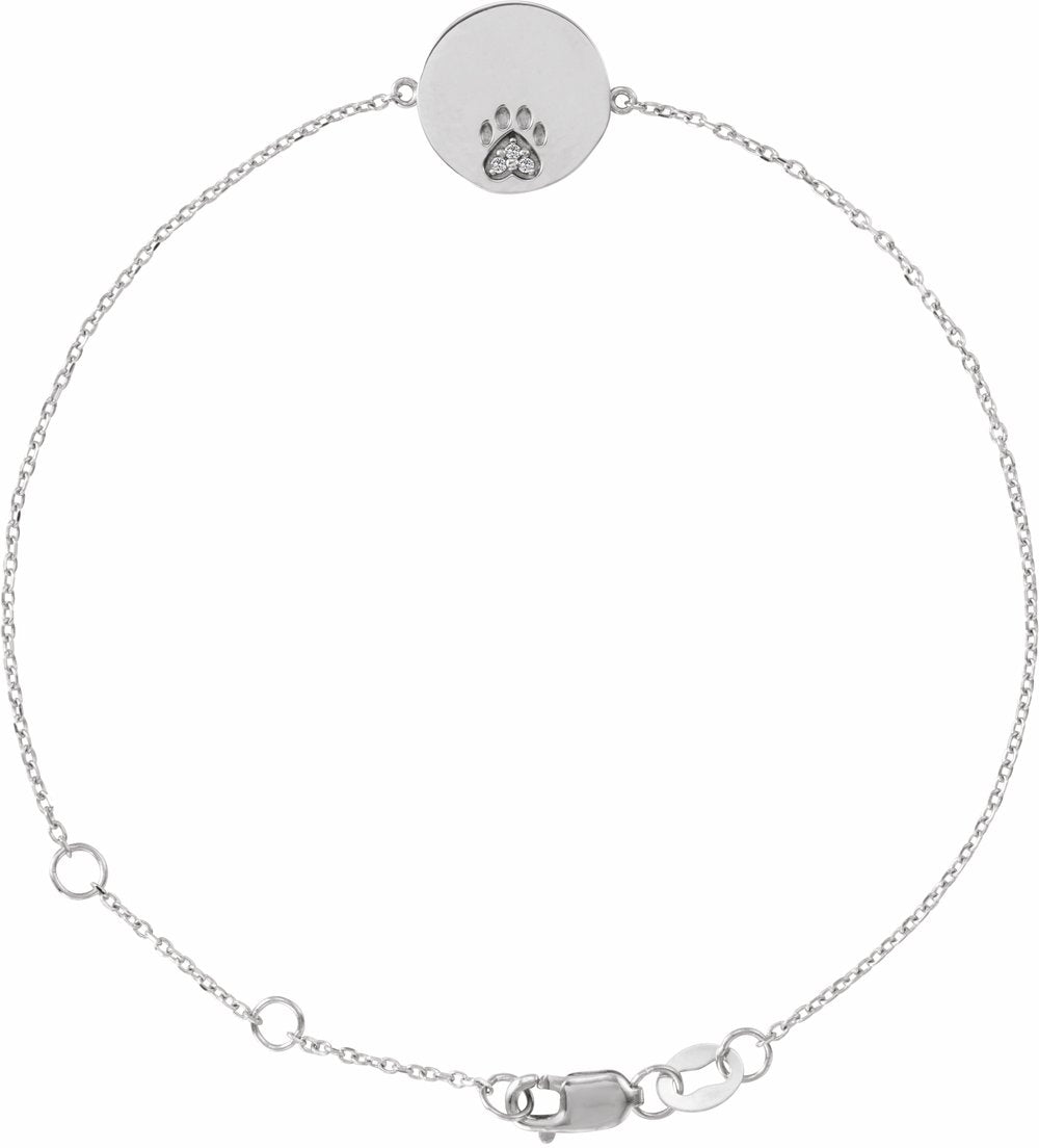 14K White Gold Natural White Sapphire Engravable Paw Print 6 1/2-7 1/2" Bracelet