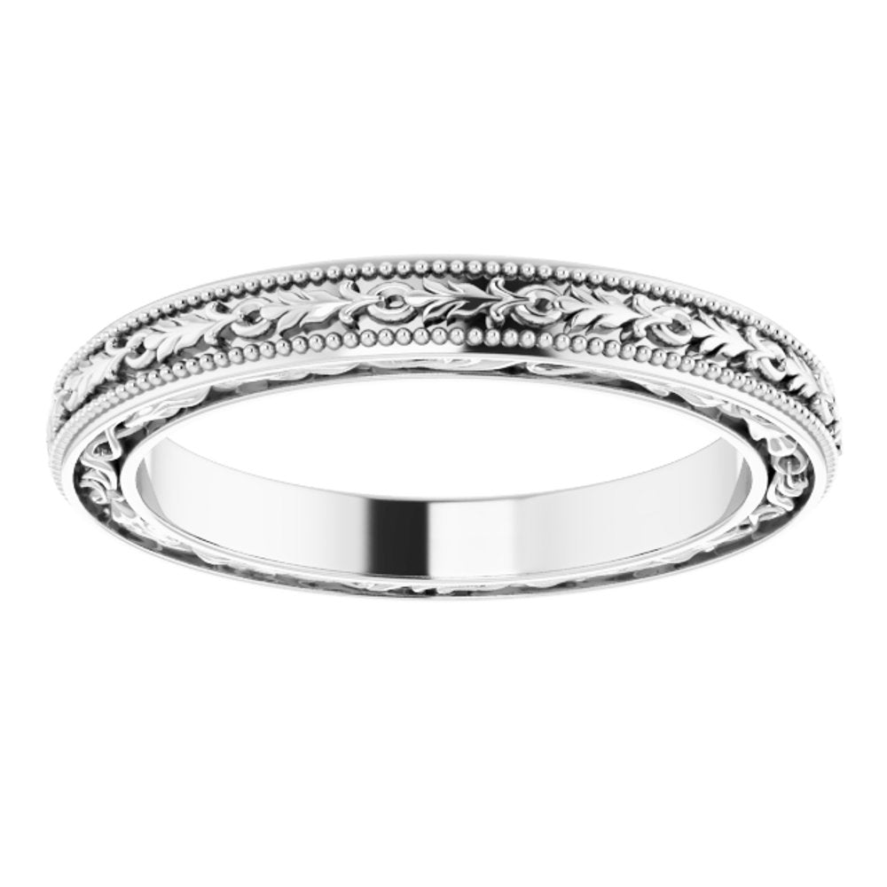 14K White Gold 3 mm Milgrain Floral Flat Band Size 7.5