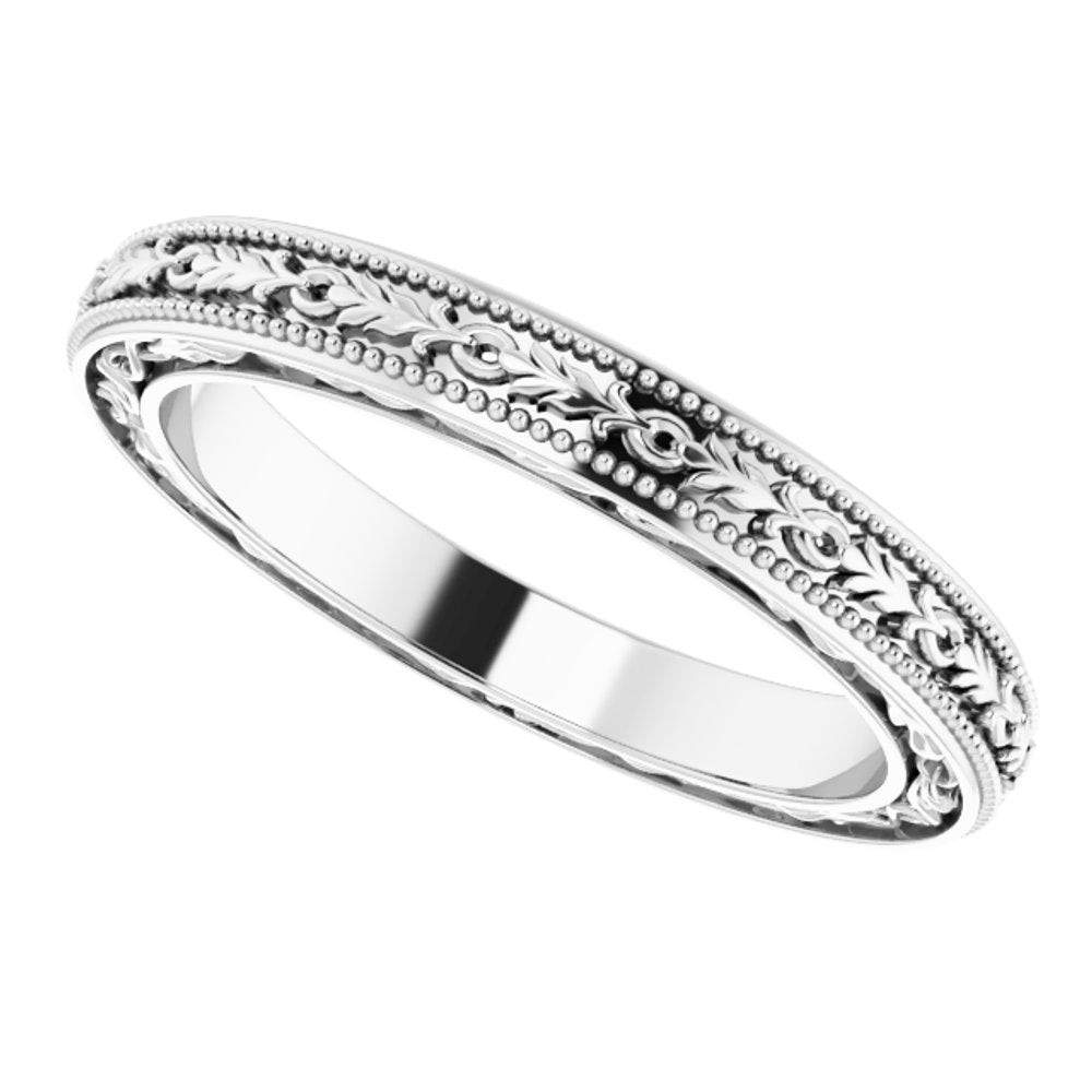 14K White Gold 3 mm Milgrain Floral Flat Band Size 7.5